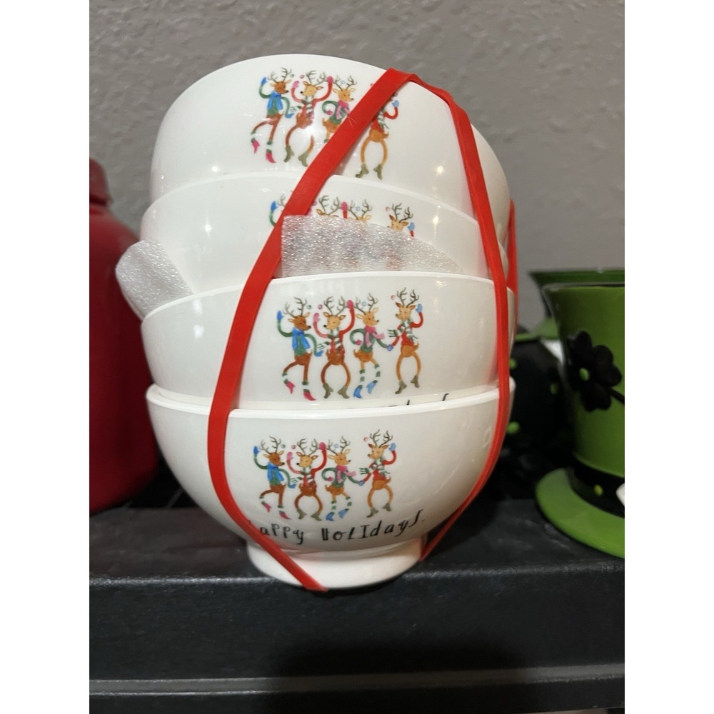 Rae Dunn by Magenta Melamine Happy Holidays Dancing Reindeer Cereal Bowls